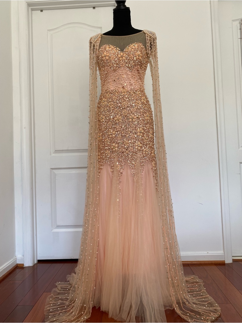 Embellished Blush Peach Evening Gown with Sheer Beaded Cape